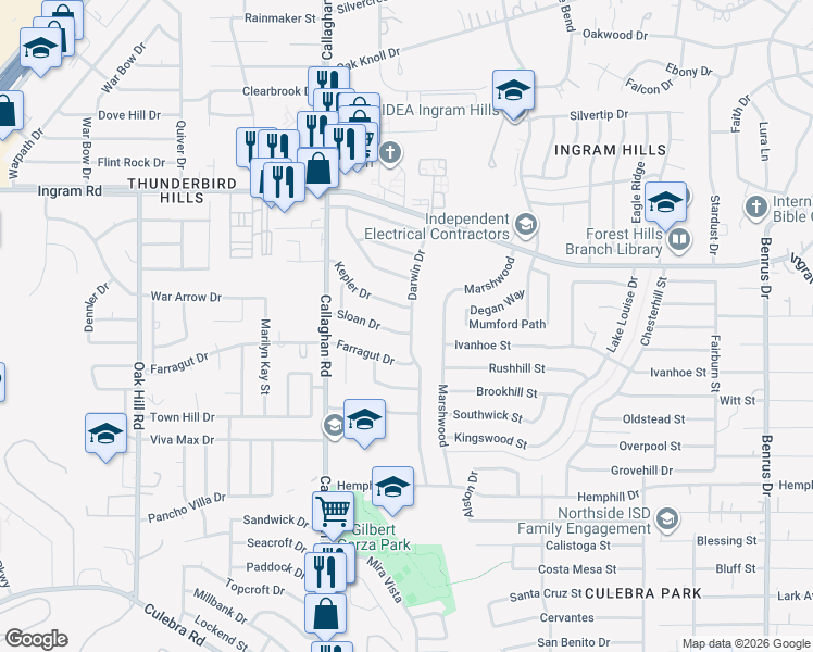 map of restaurants, bars, coffee shops, grocery stores, and more near 5803 Sloan Dr in San Antonio