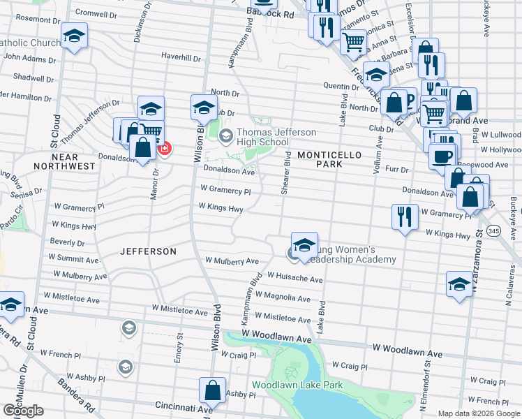 map of restaurants, bars, coffee shops, grocery stores, and more near 2231 West Kings Highway in San Antonio