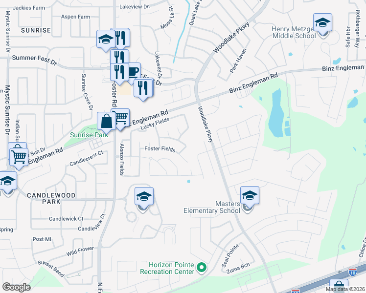 map of restaurants, bars, coffee shops, grocery stores, and more near 6814 Harbor Fields in Converse