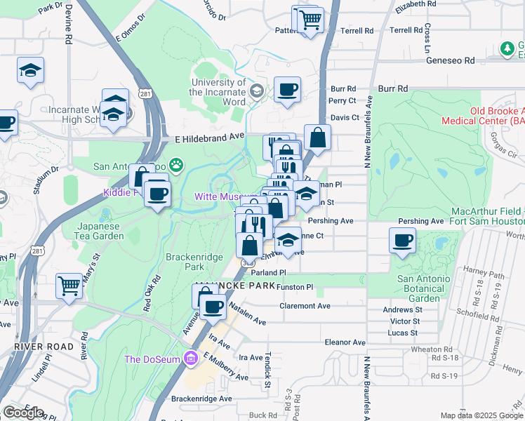 map of restaurants, bars, coffee shops, grocery stores, and more near 3801 Broadway Street in San Antonio