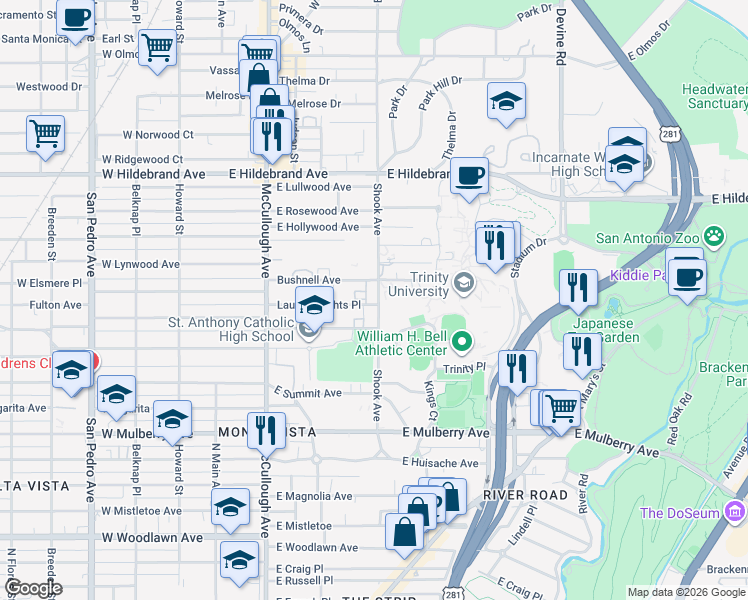 map of restaurants, bars, coffee shops, grocery stores, and more near 501 Shook Avenue in San Antonio