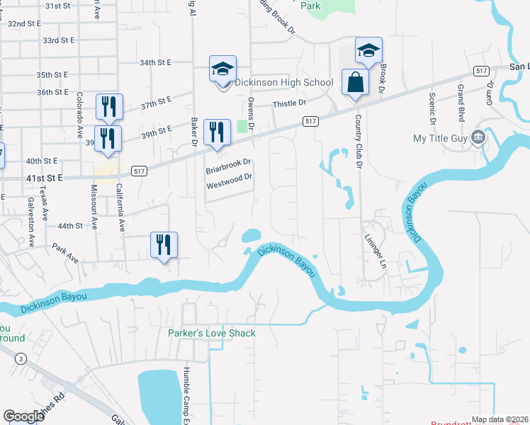 map of restaurants, bars, coffee shops, grocery stores, and more near 4324 Pine Shadows Street in Dickinson