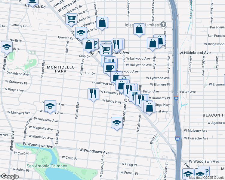 map of restaurants, bars, coffee shops, grocery stores, and more near 1727 West Gramercy Place in San Antonio