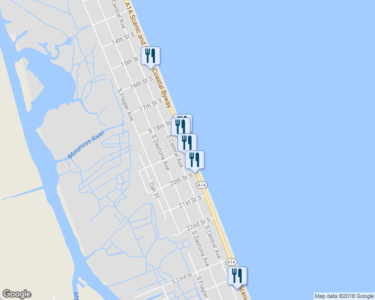 map of restaurants, bars, coffee shops, grocery stores, and more near 1900 South Oceanshore Boulevard in Flagler Beach