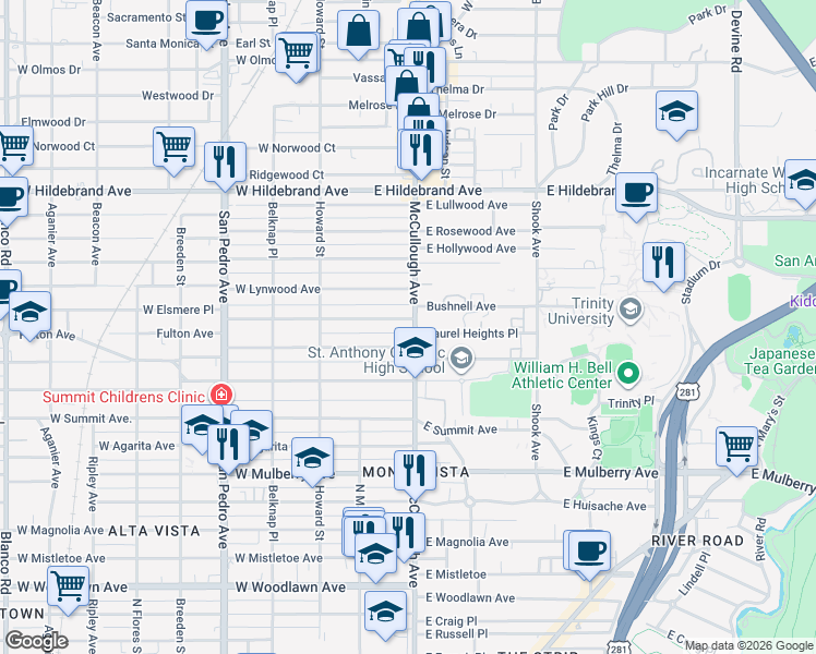 map of restaurants, bars, coffee shops, grocery stores, and more near 102 Laurel Heights Place in San Antonio