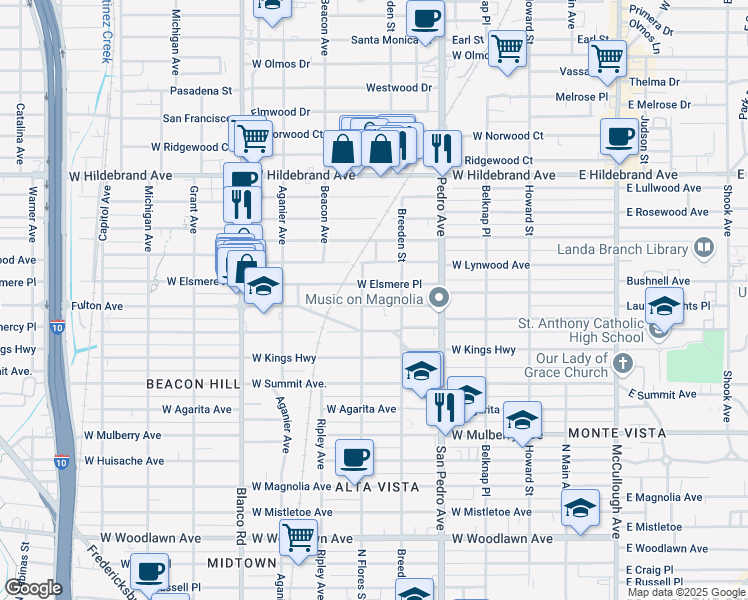 map of restaurants, bars, coffee shops, grocery stores, and more near 522 Fulton Avenue in San Antonio