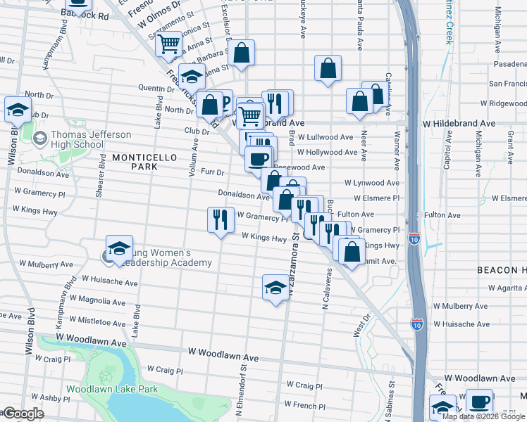 map of restaurants, bars, coffee shops, grocery stores, and more near 1727 West Gramercy Place in San Antonio