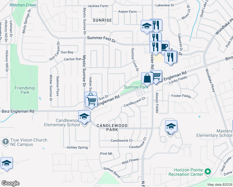 map of restaurants, bars, coffee shops, grocery stores, and more near 6022 Glacier Sun Drive in San Antonio
