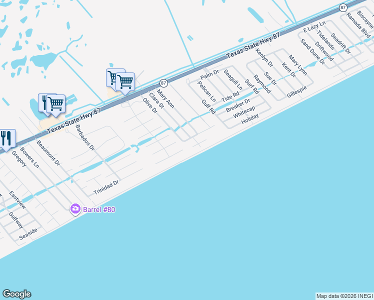 map of restaurants, bars, coffee shops, grocery stores, and more near 2414 Sand Drift Lane in Bolivar Peninsula