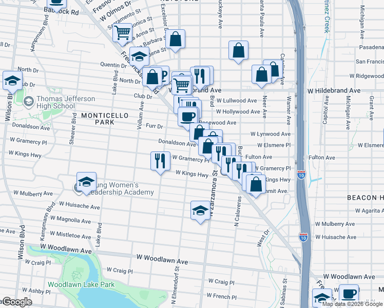 map of restaurants, bars, coffee shops, grocery stores, and more near 1727 West Gramercy Place in San Antonio