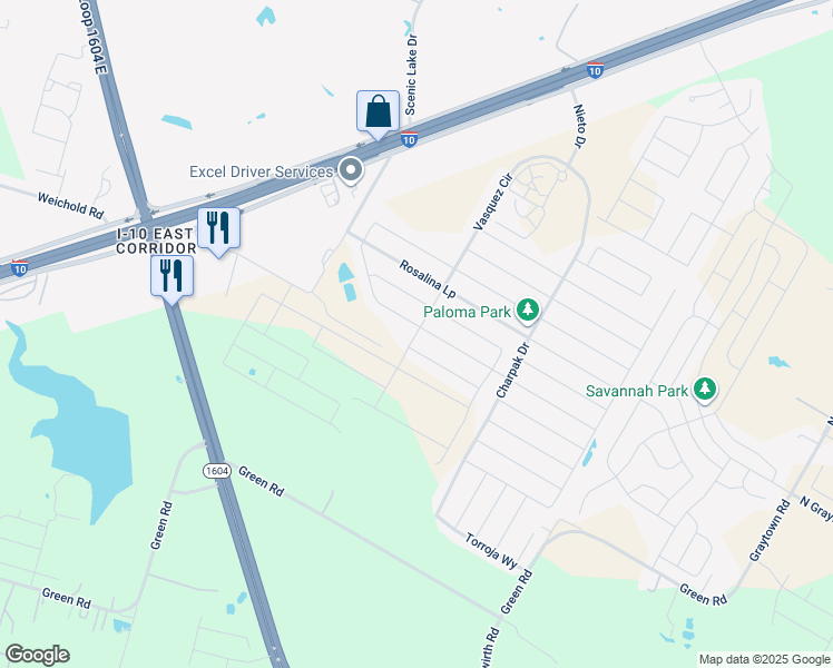map of restaurants, bars, coffee shops, grocery stores, and more near West Vasquez Circle in San Antonio