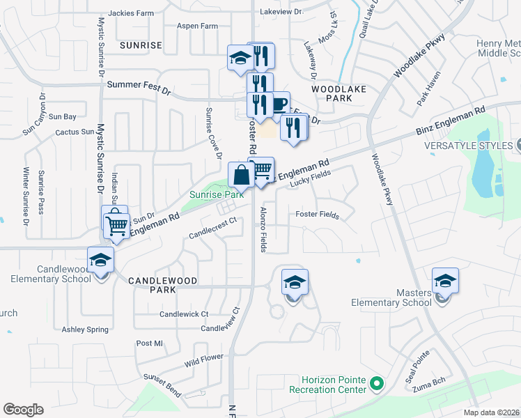 map of restaurants, bars, coffee shops, grocery stores, and more near 3338 Candlemoon Drive in San Antonio