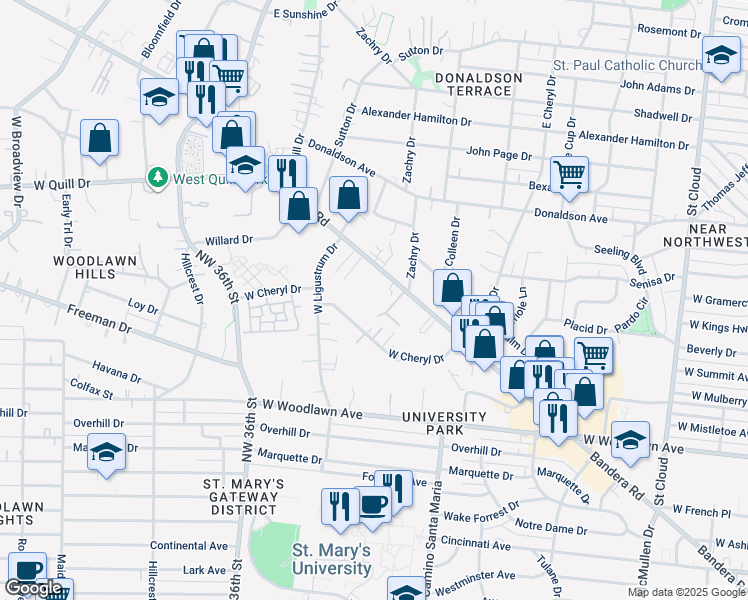 map of restaurants, bars, coffee shops, grocery stores, and more near 239 West Cheryl Drive in San Antonio