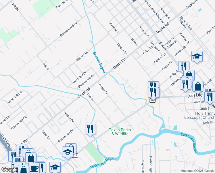 map of restaurants, bars, coffee shops, grocery stores, and more near 3115 Yupon Street in Dickinson
