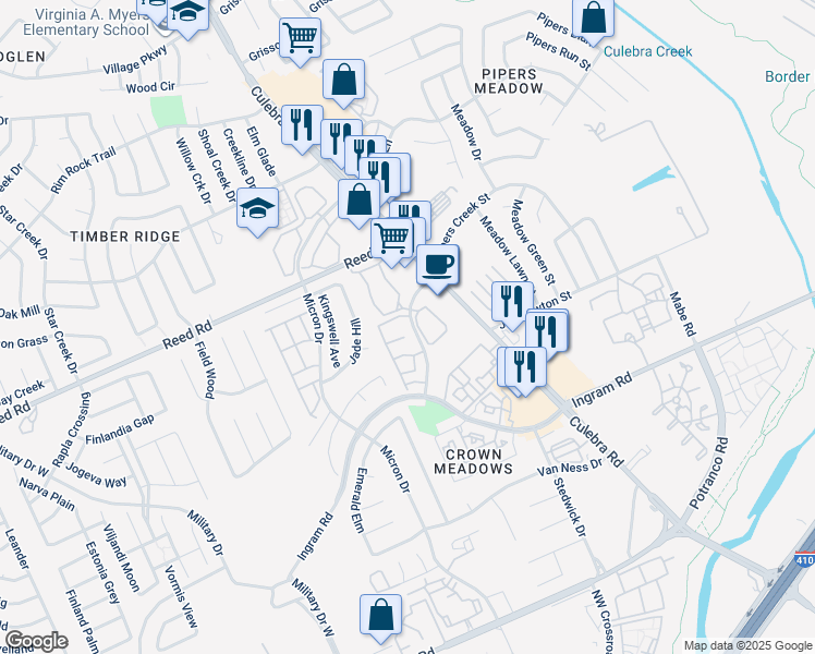 map of restaurants, bars, coffee shops, grocery stores, and more near 15 Pipers Creek Street in San Antonio