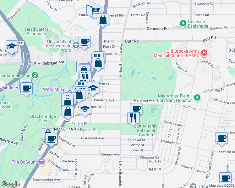 map of restaurants, bars, coffee shops, grocery stores, and more near 347 Pershing Avenue in San Antonio