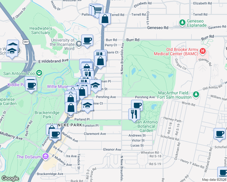 map of restaurants, bars, coffee shops, grocery stores, and more near 347 Pershing Avenue in San Antonio