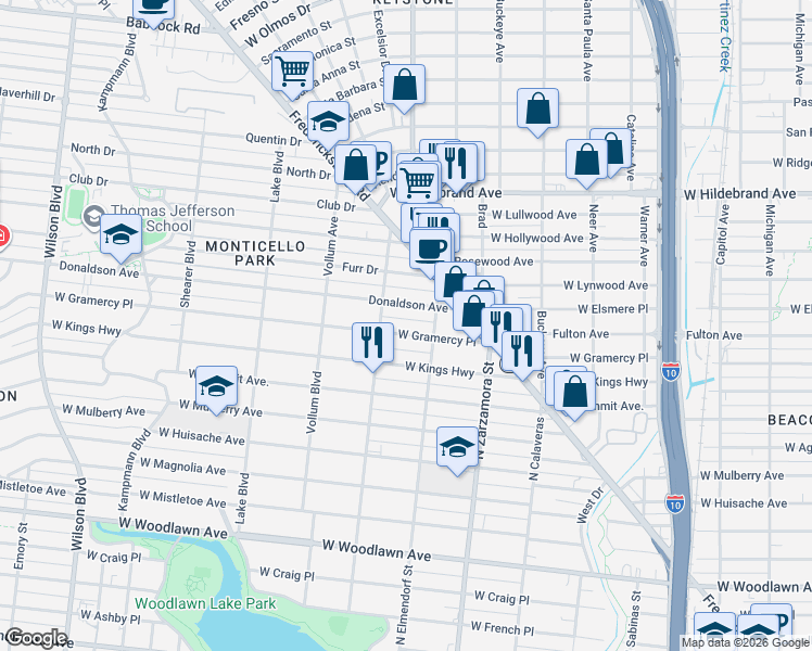 map of restaurants, bars, coffee shops, grocery stores, and more near 1818 West Gramercy Place in San Antonio