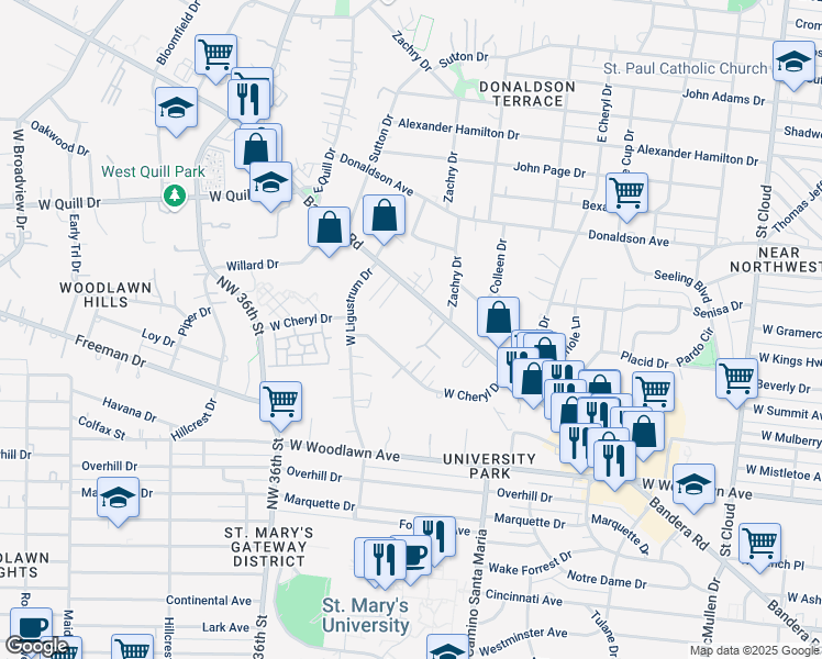 map of restaurants, bars, coffee shops, grocery stores, and more near 239 West Cheryl Drive in San Antonio