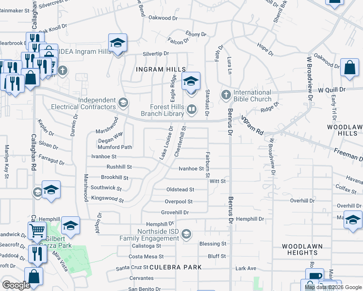 map of restaurants, bars, coffee shops, grocery stores, and more near 5130 Saint Leonard Street in San Antonio