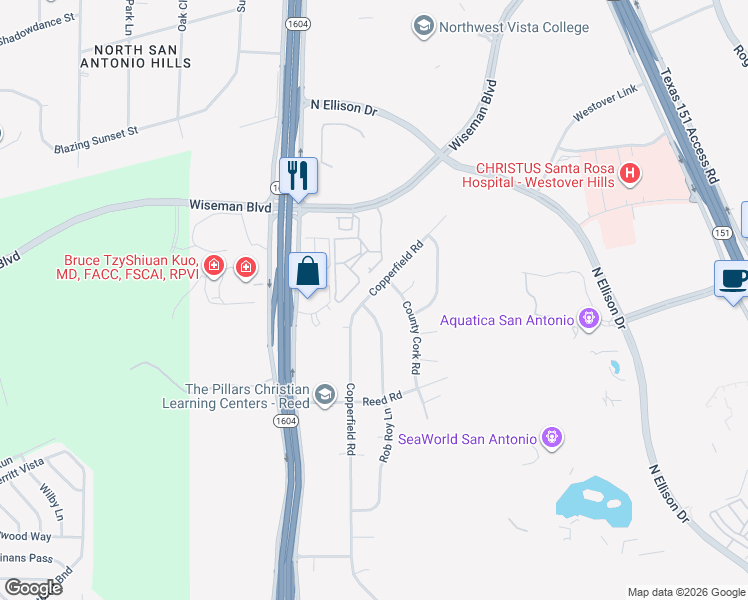 map of restaurants, bars, coffee shops, grocery stores, and more near 1746 Rob Roy Lane in San Antonio