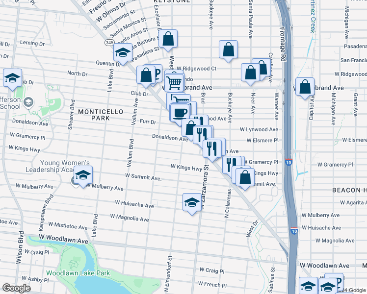 map of restaurants, bars, coffee shops, grocery stores, and more near 1727 West Gramercy Place in San Antonio