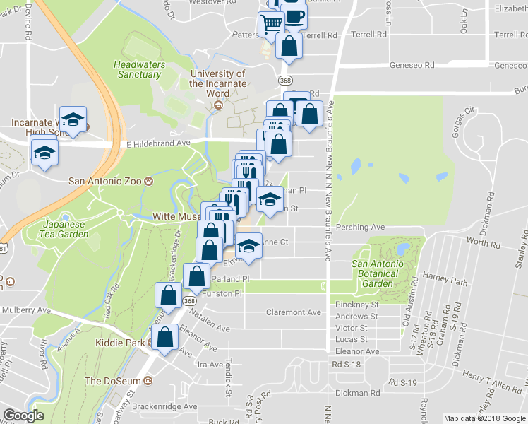 map of restaurants, bars, coffee shops, grocery stores, and more near 139 Catalpa Street in San Antonio