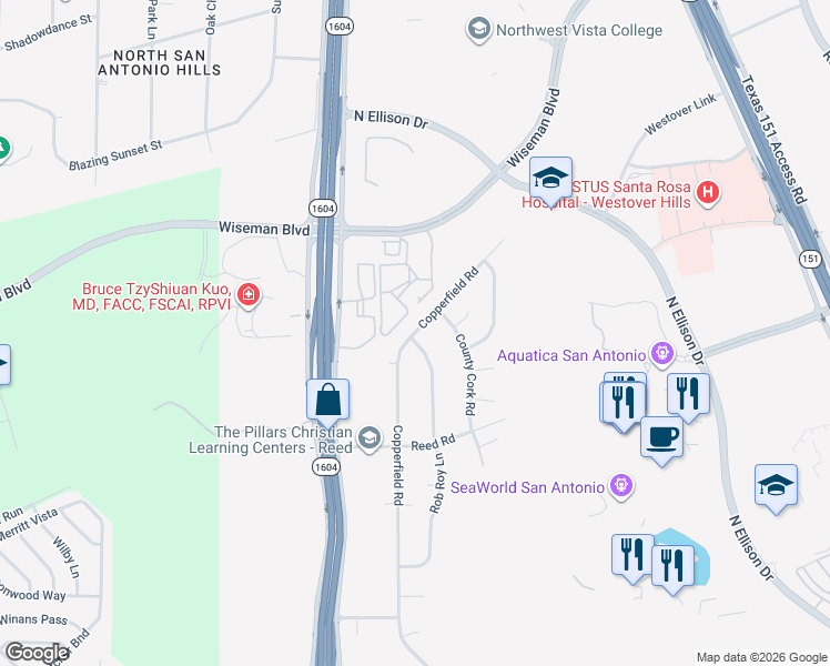 map of restaurants, bars, coffee shops, grocery stores, and more near 1746 Rob Roy Lane in San Antonio