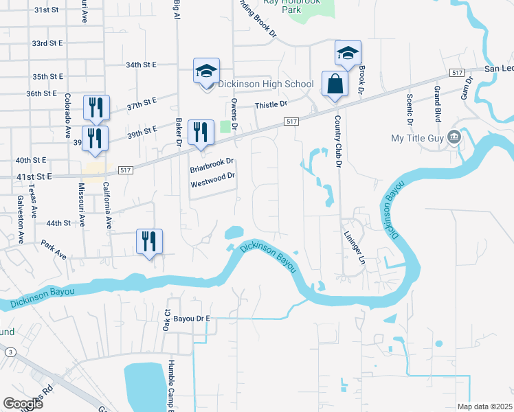 map of restaurants, bars, coffee shops, grocery stores, and more near 4324 Pine Shadows Street in Dickinson