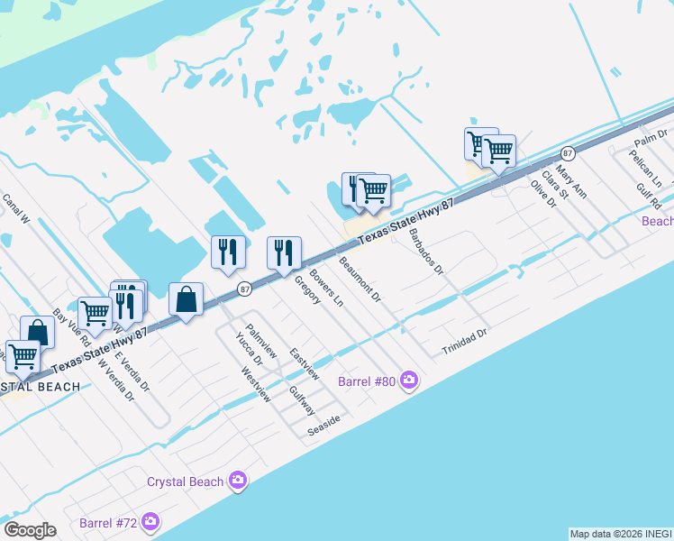 map of restaurants, bars, coffee shops, grocery stores, and more near 978 Meynig Lane in Bolivar Peninsula