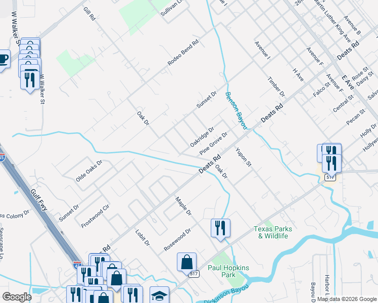 map of restaurants, bars, coffee shops, grocery stores, and more near 2910 Oak Drive in Dickinson