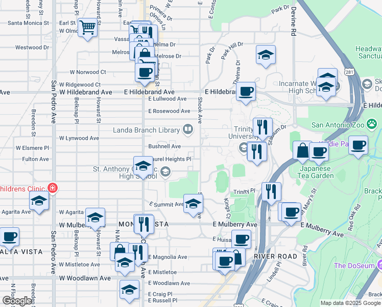 map of restaurants, bars, coffee shops, grocery stores, and more near 225 Laurel Heights Place in San Antonio