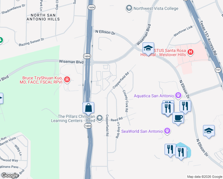 map of restaurants, bars, coffee shops, grocery stores, and more near 1746 Rob Roy Lane in San Antonio