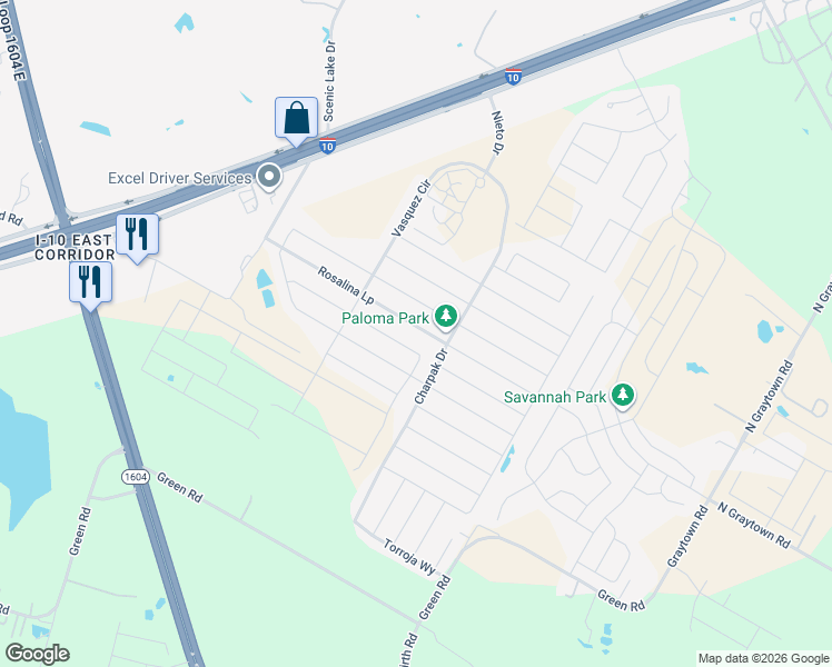 map of restaurants, bars, coffee shops, grocery stores, and more near 10631 De Gonzalo Way in Converse