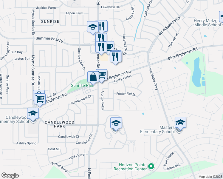 map of restaurants, bars, coffee shops, grocery stores, and more near 3515 Aranda Fields in Converse