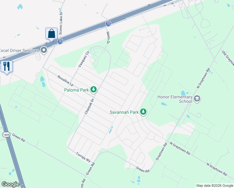 map of restaurants, bars, coffee shops, grocery stores, and more near 10674 Penelope Way in Converse