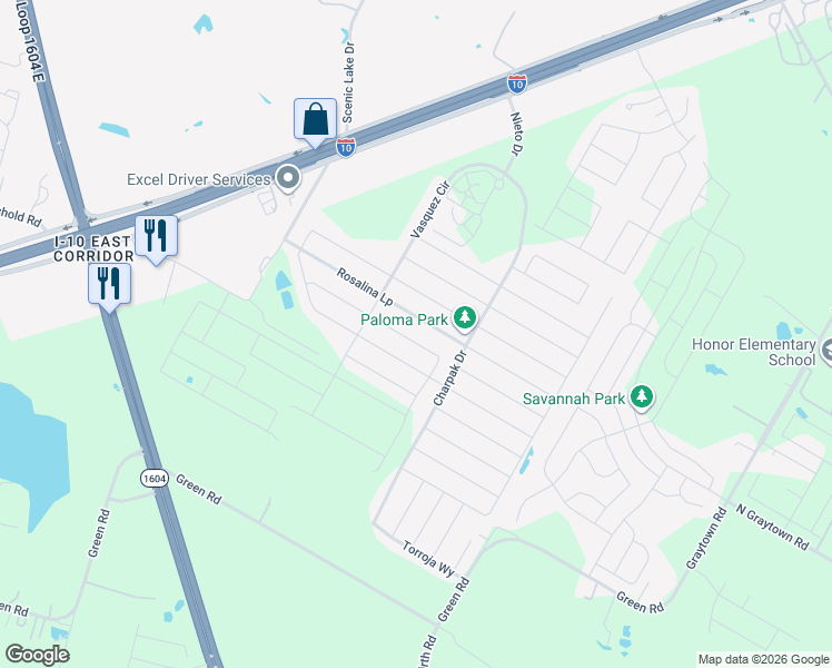 map of restaurants, bars, coffee shops, grocery stores, and more near 3990 Weichold in Converse