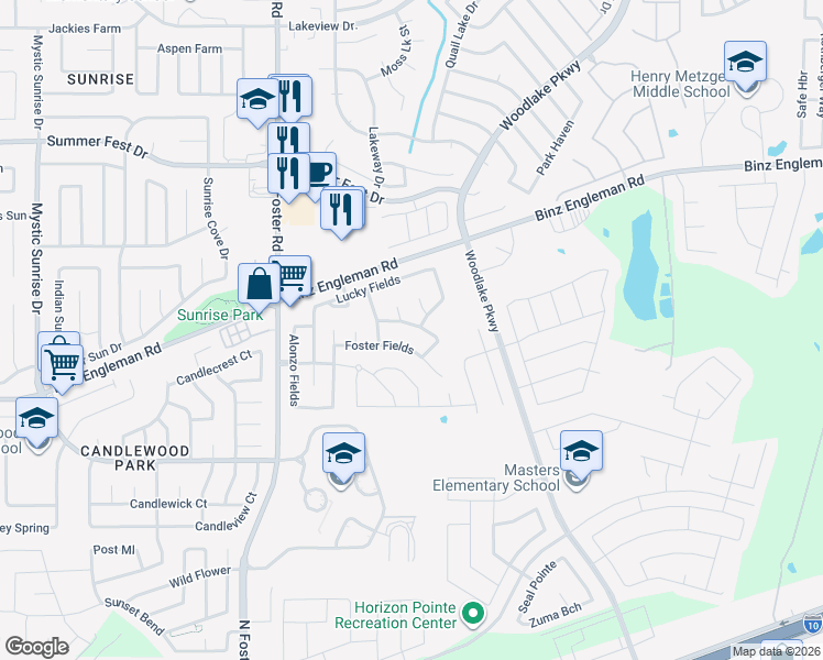 map of restaurants, bars, coffee shops, grocery stores, and more near 6814 Harbor Fields in Converse