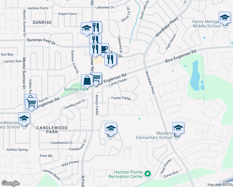 map of restaurants, bars, coffee shops, grocery stores, and more near 6606 Foster Fields in Converse