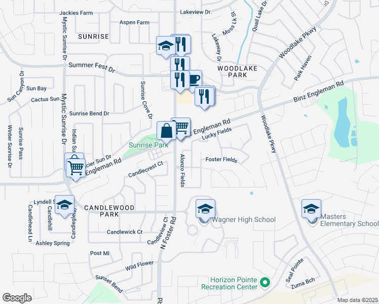 map of restaurants, bars, coffee shops, grocery stores, and more near 3515 Aranda Fields in Converse