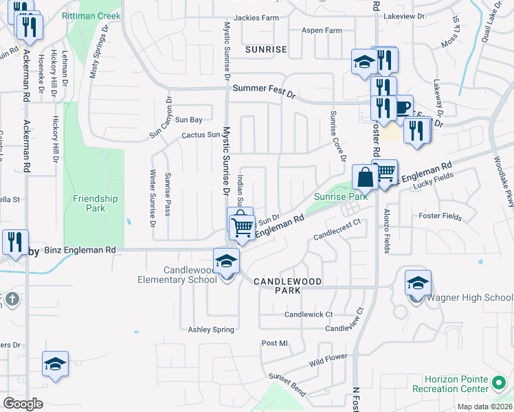 map of restaurants, bars, coffee shops, grocery stores, and more near 4011 Comanche Sunrise in San Antonio