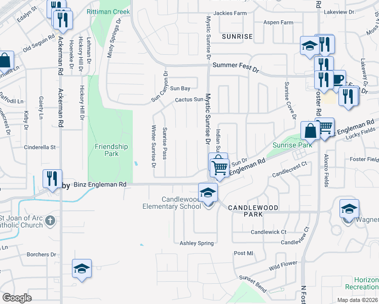 map of restaurants, bars, coffee shops, grocery stores, and more near 4019 Fire Sun in San Antonio