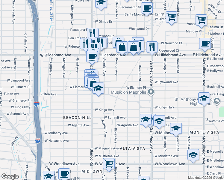 map of restaurants, bars, coffee shops, grocery stores, and more near 743 Fulton Avenue in San Antonio
