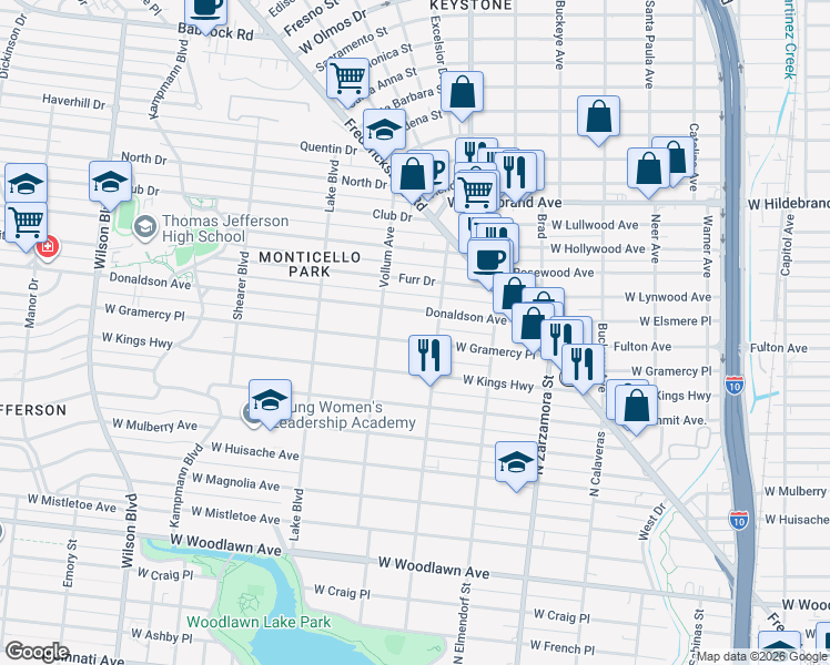 map of restaurants, bars, coffee shops, grocery stores, and more near 1902 West Gramercy Place in San Antonio