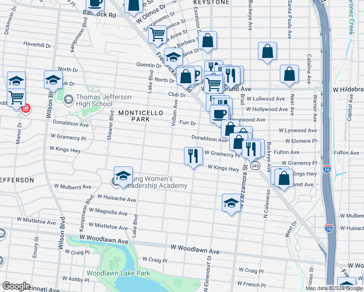 map of restaurants, bars, coffee shops, grocery stores, and more near 1938 West Gramercy Place in San Antonio