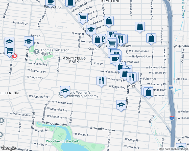 map of restaurants, bars, coffee shops, grocery stores, and more near 1938 West Gramercy Place in San Antonio