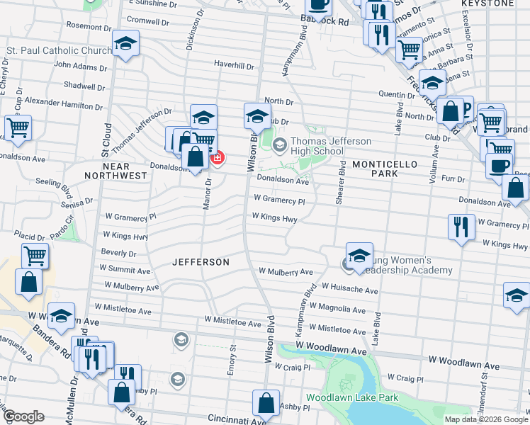 map of restaurants, bars, coffee shops, grocery stores, and more near 2330 West Kings Highway in San Antonio