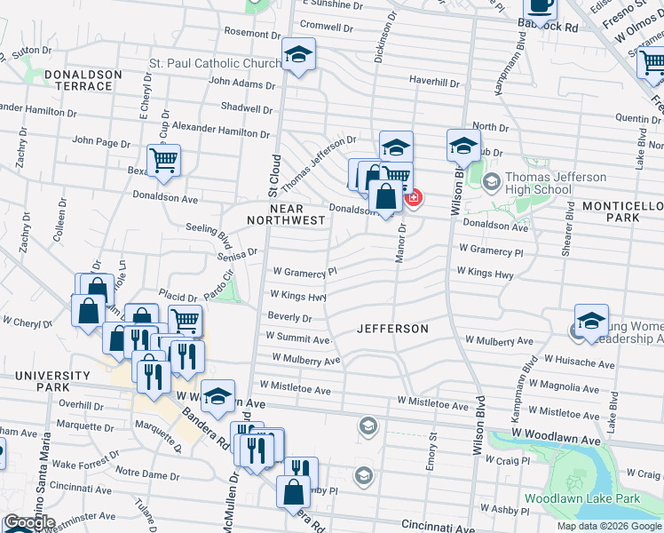 map of restaurants, bars, coffee shops, grocery stores, and more near 2606 West Gramercy Place in San Antonio