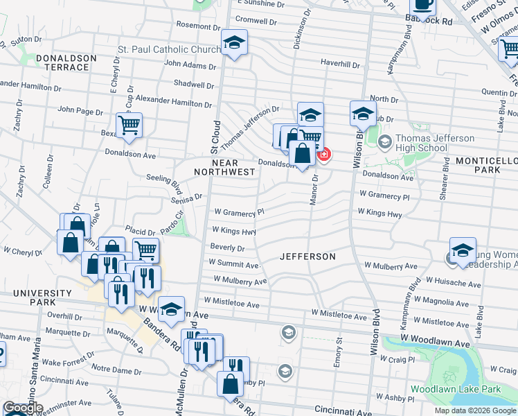 map of restaurants, bars, coffee shops, grocery stores, and more near 2606 West Gramercy Place in San Antonio
