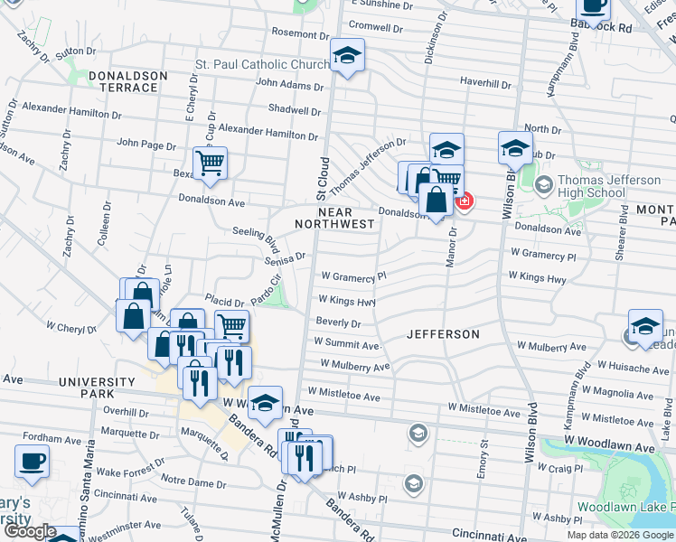 map of restaurants, bars, coffee shops, grocery stores, and more near 2638 West Gramercy Place in San Antonio